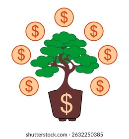 money tree icon set. vector tree and dollar coin