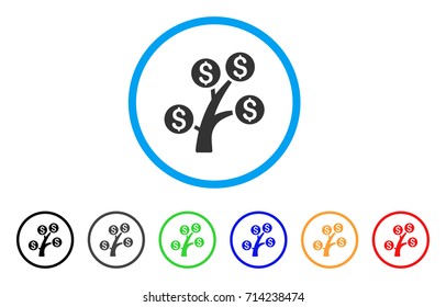 Money Tree icon. Vector illustration style is a flat iconic money tree gray rounded symbol inside light blue circle with black, gray, green, blue, red, orange color additional versions.