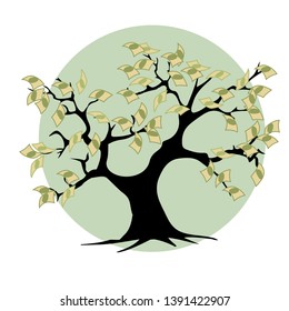 Money Tree Illustration. Vector Isolated Graphic Design Element. Natural, botanical, floral, vegetable, vegetal. Adult and strong tree. Symbol of wealth, succsess, richness. All Seasons, flat style.