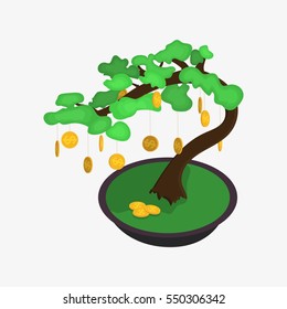 Money tree isolated on white background. Houseplant growing with money. Dollar coins. Flat vector stock illustration