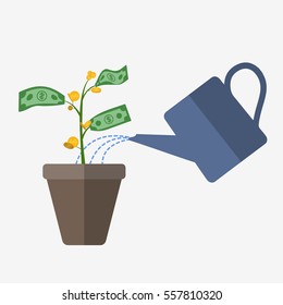 Money tree isolated on white background. Houseplant with money pouring water. Dollar bills and coins. Flat vector stock illustration