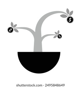 money tree iwith dollar sign icon in grey scale isolated on white background.