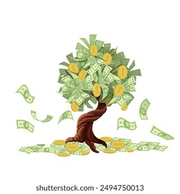 Money tree. Tree with money leaves. Big tree with money instead of leaves on a white background. Fantastical Elements. Vector illustration.