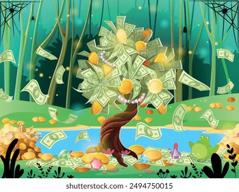 Money tree. Tree with money leaves. Big tree with money instead of leaves. Paper bills instead of leaves and coins. Fantastic tree in a magical forest. Vector illustration.