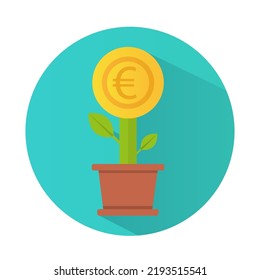 El árbol del dinero deja un icono para los sitios web, el crecimiento del dinero, la inversión. una moneda de oro crece a partir de una maceta de flores. estrategia comercial. Ilustración del vector