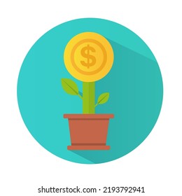 Money tree with leaves icon for websites on a white background, money growth, investment. a gold coin grows out of a flower pot. Vector illustration