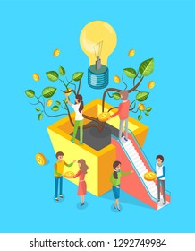 Money tree and lightbulb vector, people making deal, crowdfunding. Financial operations, plant growing in pot, gold dollar coins and foliage leaves