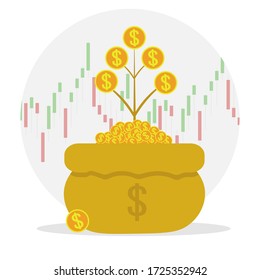 Money tree like concept investments online performance. Bag with coins and small sprout. Successful attachment in campaign. Cute illustration in flat style