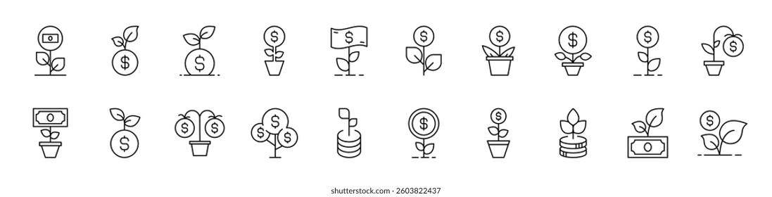 Money Tree Line Icon Collection. Editable Stroke. Perfect for Infographics, Articles, Books, Flyers, Banners