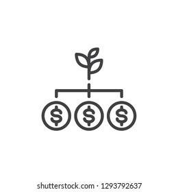 Money Tree line icon. linear style sign for mobile concept and web design. Dollar coins with growing plant outline vector icon. Business development symbol, logo illustration. Pixel perfect vector
