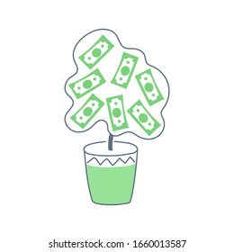 Money tree made of dollars. Return Investment, profit growth, ROI, financial success icon, the expectation of some benefit in the future concept. Flat line isolated vector illustration on white.