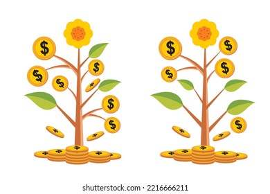 Money tree makes dollars. Gold coins on a tree branch. Investment business growth