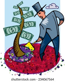 Money Tree. A man in a hat with a shovel digging and making fertilizer in the abstract,