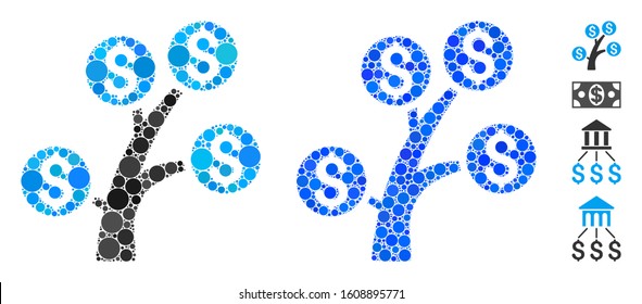 Money tree mosaic of small circles in different sizes and color tints, based on money tree icon. Vector small circles are united into blue collage. Dotted money tree icon in usual and blue versions.