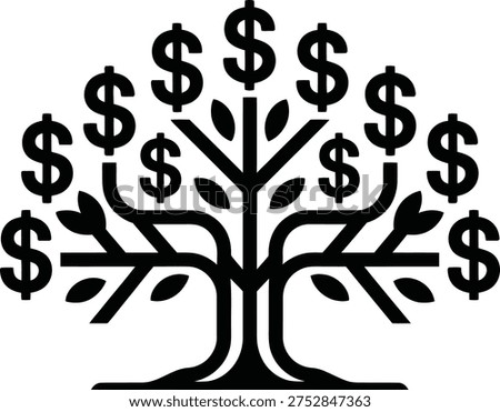 Money tree with multiple dollar signs growing from branches symbolizing financial prosperity investment return and savings growth