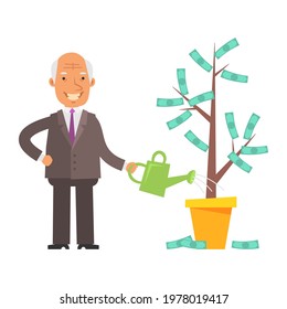 Money Tree. Old businessman holding watering can and smiling. Vector characters. Vector Illustration