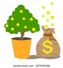 The money tree in an orange pot with gold coins, there is bag of money on the side. concept of investments and savings, income, growth of coins, money, earnings. Top vector illustration.