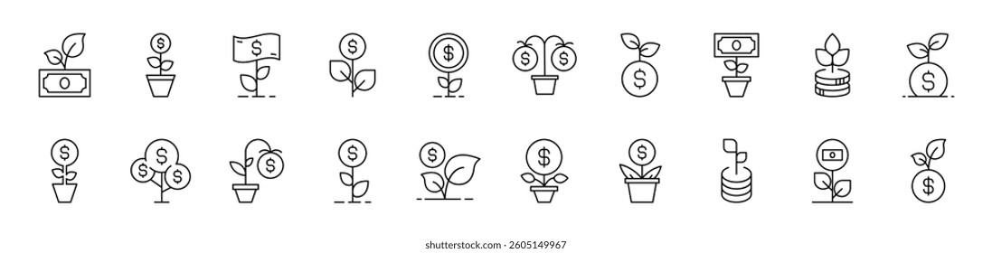 Money Tree Outline Image Collection. Editable Stroke. Perfect for Infographics, Articles, Books, Flyers, Banners