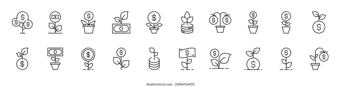 Money Tree Outline Picture Collection. Editable Stroke. Perfect for Infographics, Articles, Books, Flyers, Banners