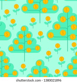 Money tree pattern seamless. Dollar sprout background. Grow wealth. Coin Forest texture