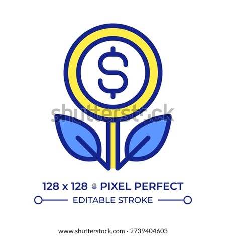 Money tree pixel perfect line color icon. Financial growth. Investment interest earning. Increasing cash amount. Isolated vector illustration. Flat colorful symbol design. Editable stroke