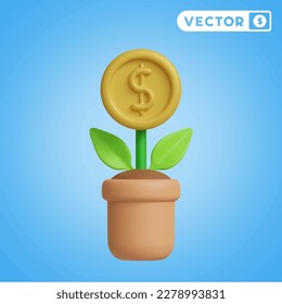 money tree plant 3D vector icon set, on a blue background