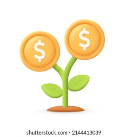 Money tree plant with coin dollar. Business profit investment, finance education, business income, business development concept. 3d vector icon. Cartoon minimal style.