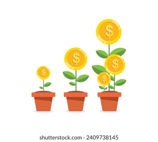 Money tree plant with coin dollar. Business profit investment, finance education, business income, business development concept. vector icon. Cartoon minimal style.