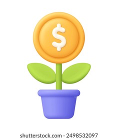 Planta del árbol del dinero con el dólar de la moneda en pote. Crecimiento financiero, beneficio empresarial, inversión y concepto de ingresos empresariales. Icono de Vector 3D. Estilo minimalista de dibujos animados.