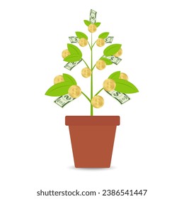 Money Tree Plant with Golden Coins and Dollar Banknote. Business Profit Growing with Passive Income. Growing Money, Saving and Investment Concept. 