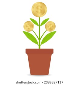 Money Tree Plant with Golden Coins. Business Profit Growing with Passive Income. Growing Money, Saving and Investment Concept. 