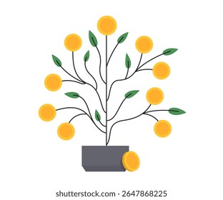 Money tree in pot with gold coins. Investment. Vector illustration isolated on white background.