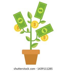 money tree in a pot. paper notes and coins grow on the branch. flat vector illustration on white background