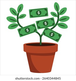 Money tree in pot vector illustration on white. Financial growth and luck concept artwork.