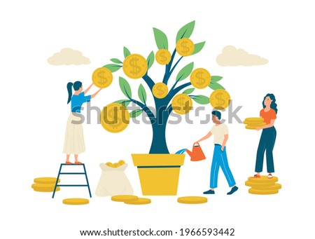 Money tree. Revenue growth concept. People take care of plant with gold coins on branches. Happy characters collecting coins. Vector businessmen make successful investments or savings