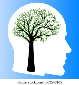 Money tree in shape of human brain inside head. Big tree with dollar bills in form of human brain instead of leaves. Vector illustration , Concept of financial thinking, development of profit strategy