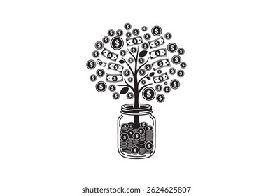 Money Tree Silhouette - Finance Tree Design with Jar of Coins