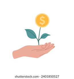 Money tree sprout with coin growing in hand. Finance business background. Investing, saving, profit, income, making money concept. Flat illustration