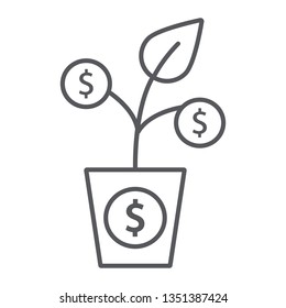 Money tree thin line icon, currency and growth, finance plant sign, vector graphics, a linear pattern on a white background, eps 10.