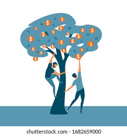Money tree. Two people trying to get money. Investors collecting their dividends or bank deposit. Business concept for investment return,  financial growth, economic success and investment. Vector