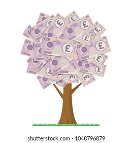 Money tree, UK pound 20 banknotes instead of leaves isolated on white background. Growing currency conceptual design. Vector flat illustration.