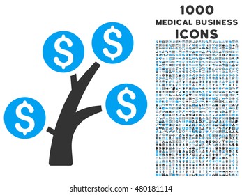 Money Tree vector bicolor icon with 1000 medical business icons. Set style is flat pictograms, blue and gray colors, white background.