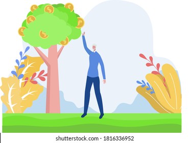 Money tree vector concept: Elderly man picking money from a tree