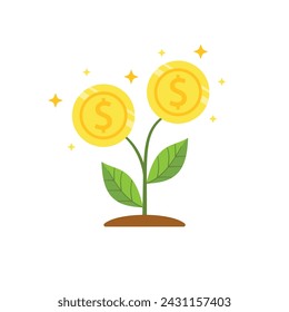 Ilustración del vector del árbol del dinero. Planta de la moneda en fondo aislado. Concepto de signo de inversión de éxito.