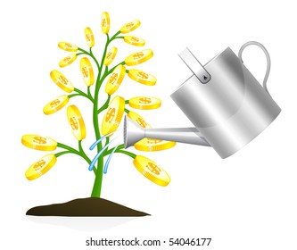 Money tree with watering can vector illustration on white background. Gold coins on a houseplant. 