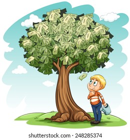 A money tree and a young boy on a white background