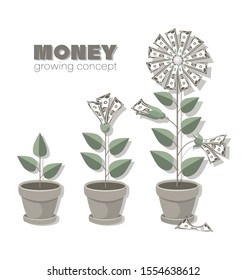 Money trees, dollar bills. Dollars banknotes. Money growing concept. Cash. Transfer. Economic or market growth, investment revenue, benefit. Vector illustration isolated on a white background