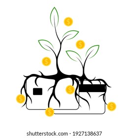 Money trees grow from plastic cards. Concept of economy with credit card. Outline image on white background. Vector icon.