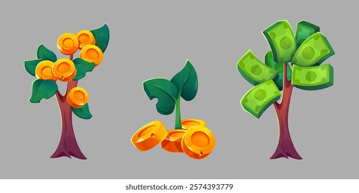 Money trees set isolated on background. Vector cartoon illustration of golden coins and paper dollar bills growing on plant, successful investment, finance management, business development concept