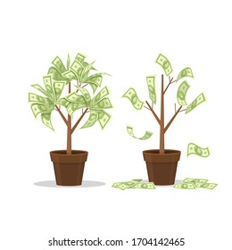 Money trees with and without leaves. . Сoncept of financial crisis. Vector illustration.